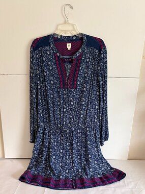 GAP Woman Blue Floral Boho Long Sleeve Tie Waist Pockets Mini Dress Size XL